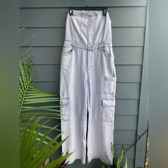 Wild Fable~Lavender Blue Tubed Cargo Denim Jumpsuit with Shirred Back~Size M NWT - Picture 1 of 14